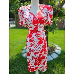 Vintage 80's Size 4 Puff Sleeve White Red Floral Side Buttons Knee Length Dress